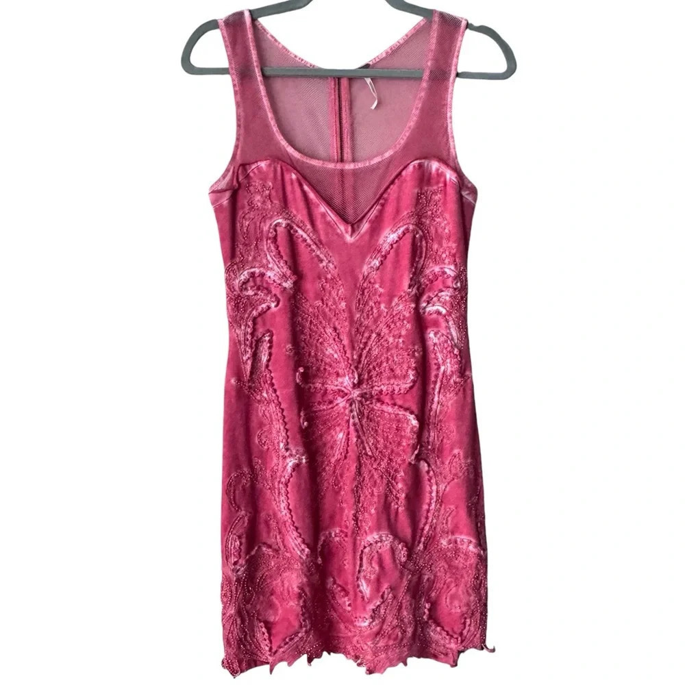Free people ice ice baby pink beaded acid wash mesh zippered dress size XS - Picture 2 of 6
